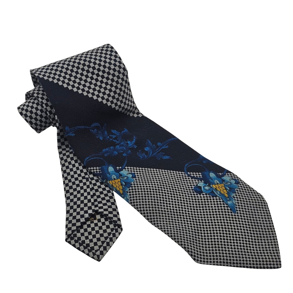 Brioni Italian Silk Jacquard Tie Blue Silver Checkered Iridescent Floral Luxury